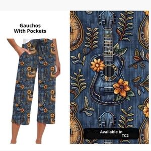 NIB TC2 Guitars Faux Denim Gauchos Floral Capris Szs 24-28 Pretty Gift!